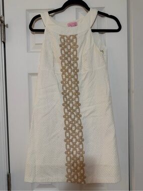 Lilly Pulitzer White Textured Dress with Gold Trim